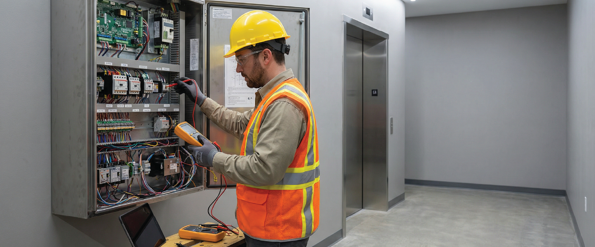 Lift servicing engineer checking elevator control system wiring and electrical components