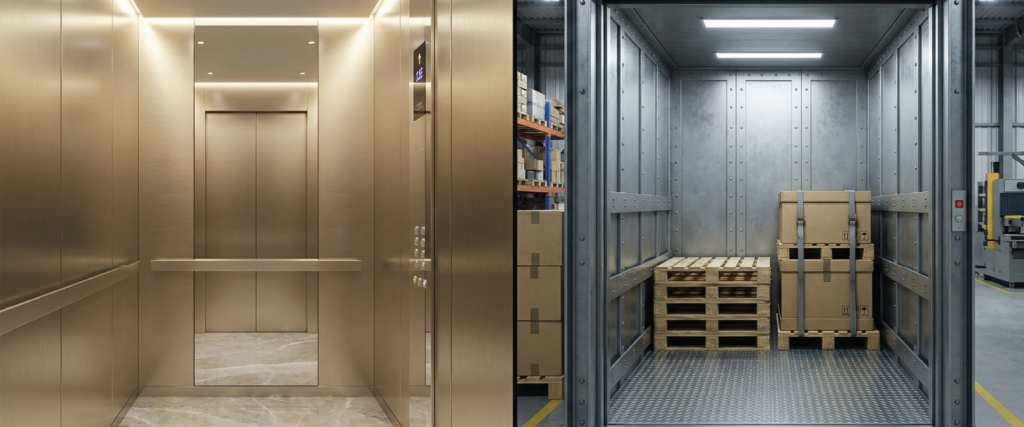 Passenger elevator vs freight elevator comparison showing lift design and usage differences