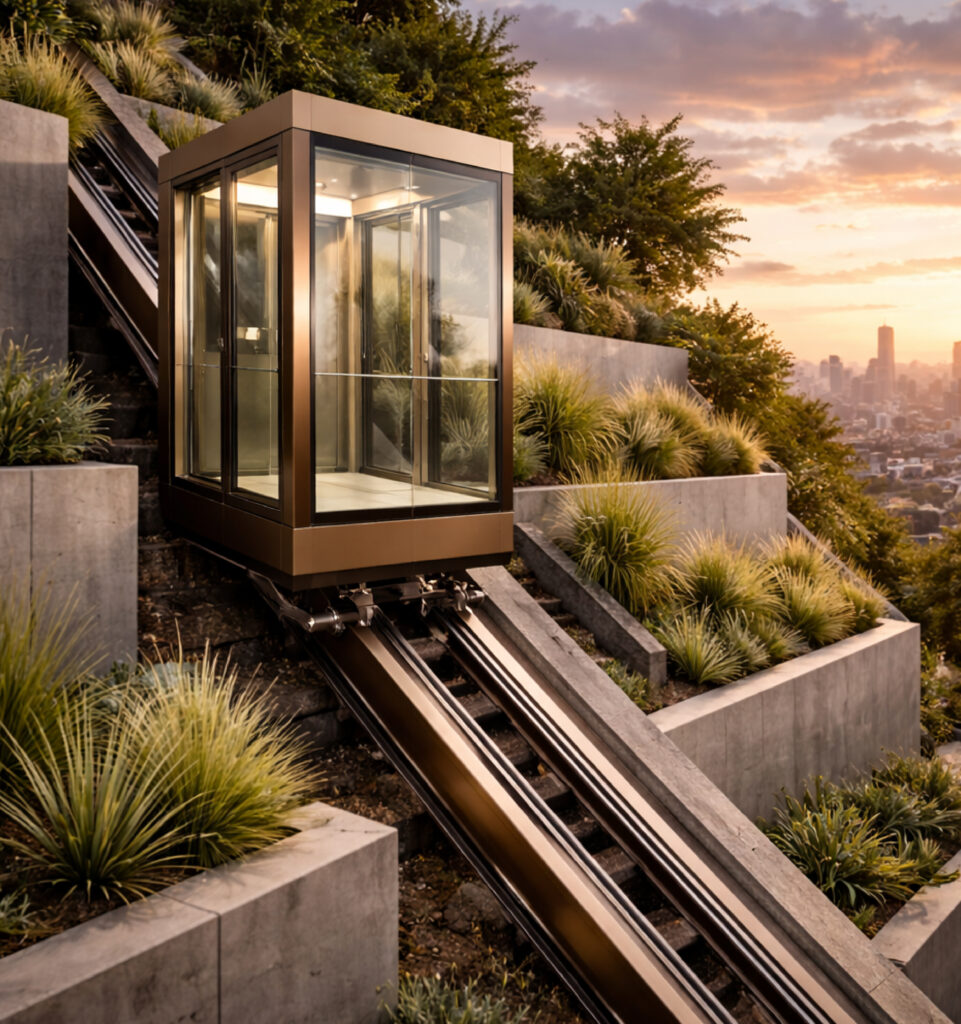 Outdoor inclined lift system with glass cabin for steep slope home accessibility
