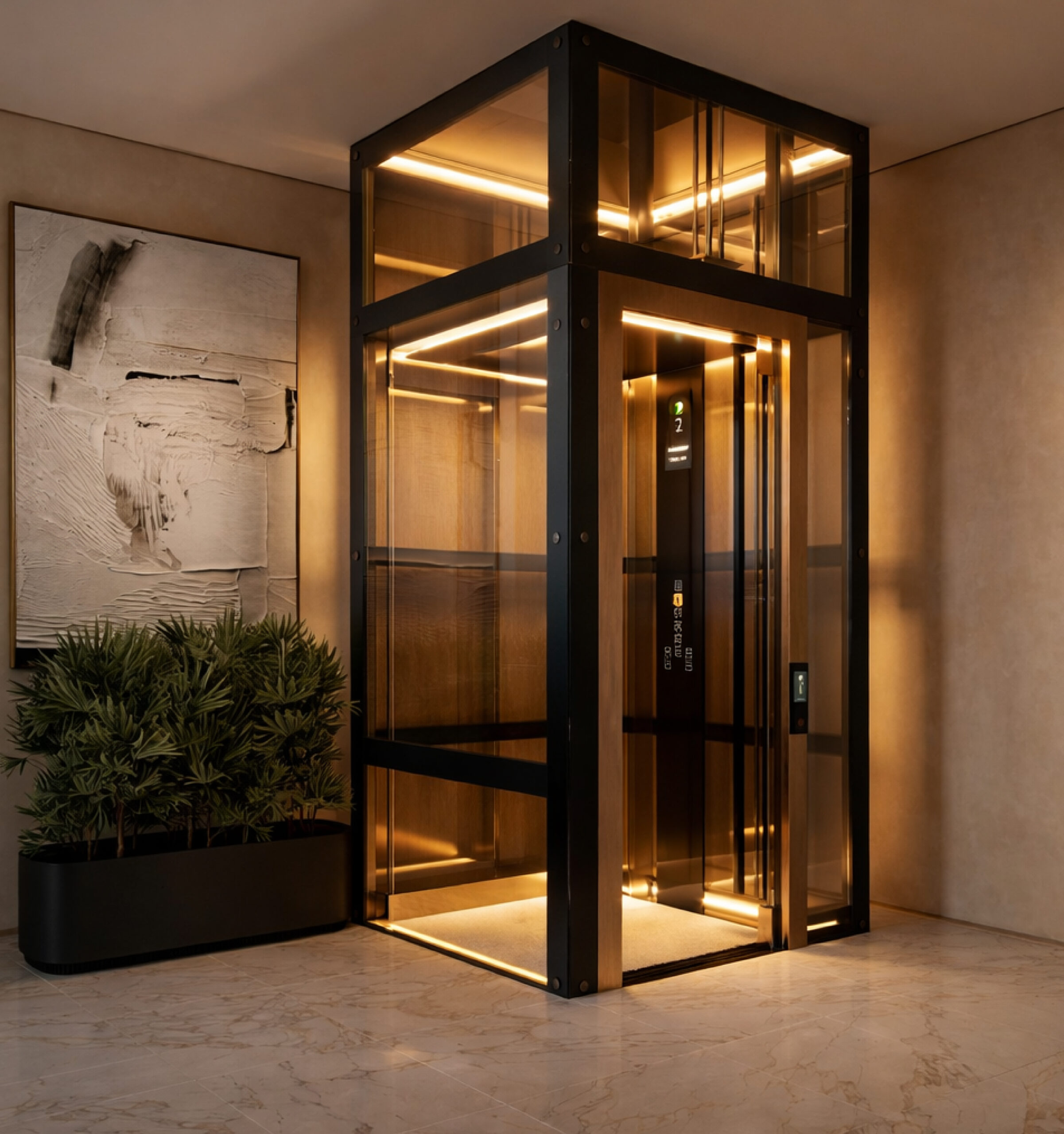 Luxury glass elevator installed indoors with modern residential lift design and lighting