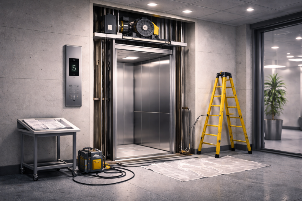 Elevator maintenance work in progress with open lift system and technician tools