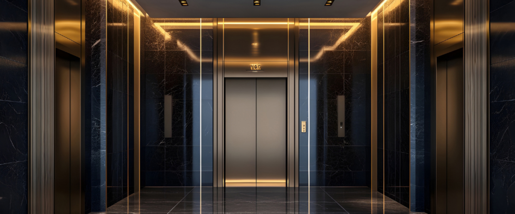 Luxury elevator lobby design with modern lift doors and premium interior lighting
